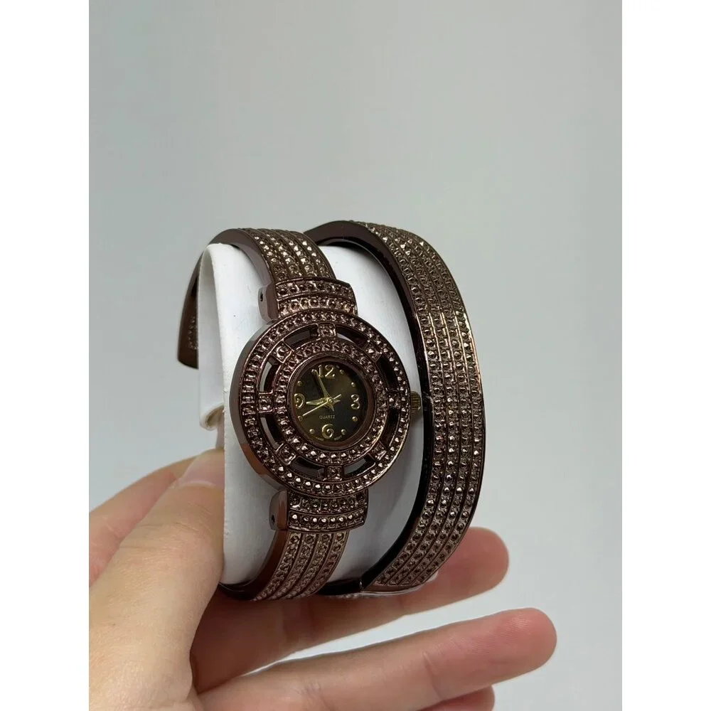 VTG Rhinestone Women Cuff Watch & Bangle Set Bronze Tone Quartz Bracelet Stylish
